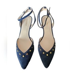 Nine West Suede Neavy blue stud wedges ankle strap poited toe shoes slingback 39